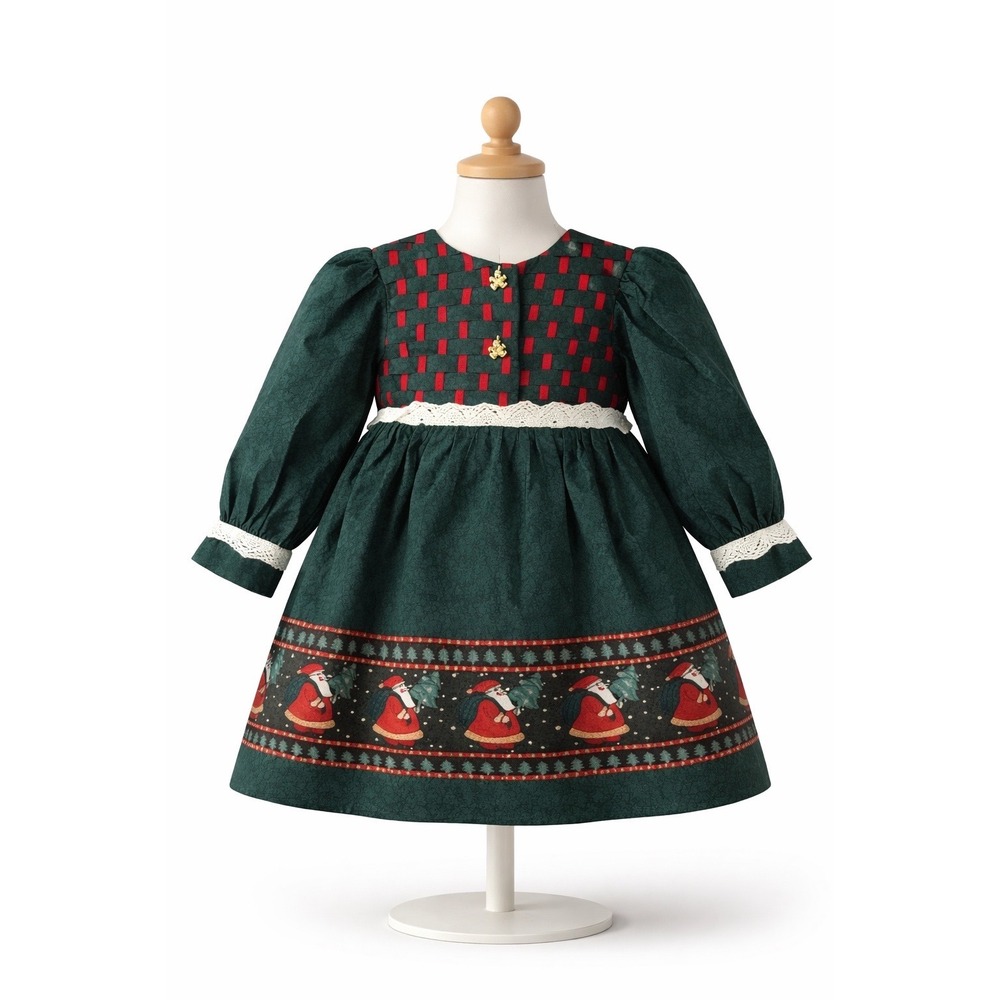 Vintage Girls Christmas Dress 2T 3T‎ Green Santa Holiday Empire Waist
